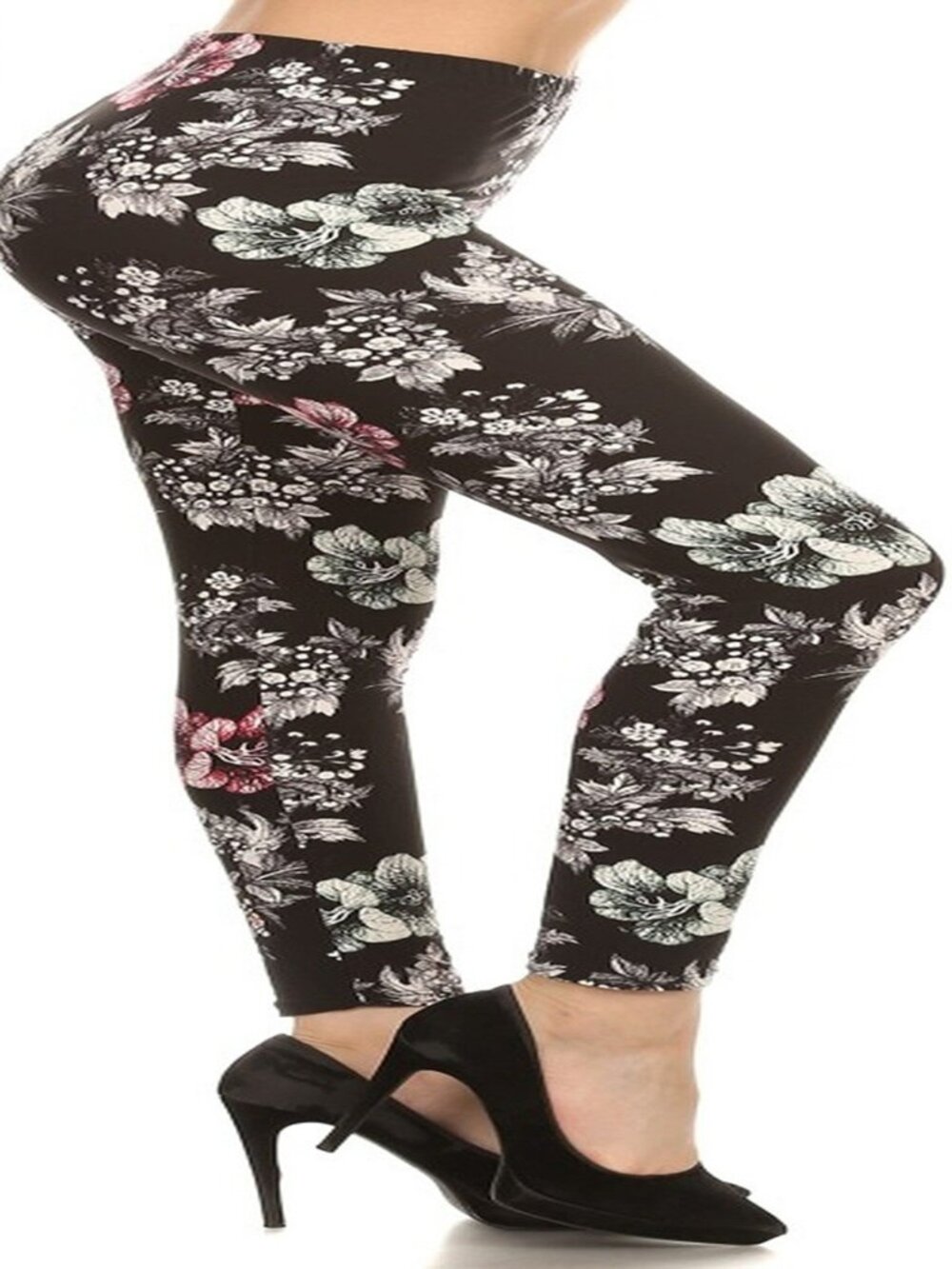 Women's One Size Reg Fits Sizes 2-12 Leggings Full Length Super Soft Blk Flowers